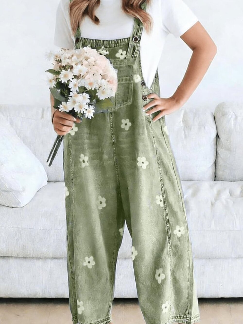 Mint Green Casual Women's Plants Button Loose Fit High Waist Long Denim Overall - Picture 5 of 5